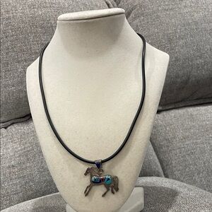 Silver Horse Pendant Necklace with Blue Accents